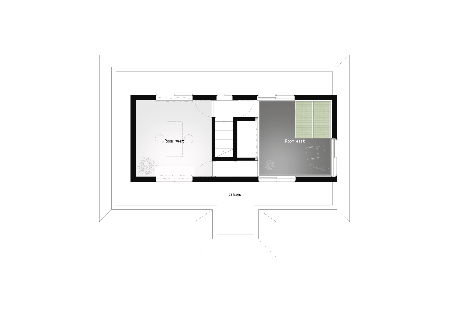 設計の平面図。黒い部屋と白い部屋が並列して往来できる計画図が描かれている